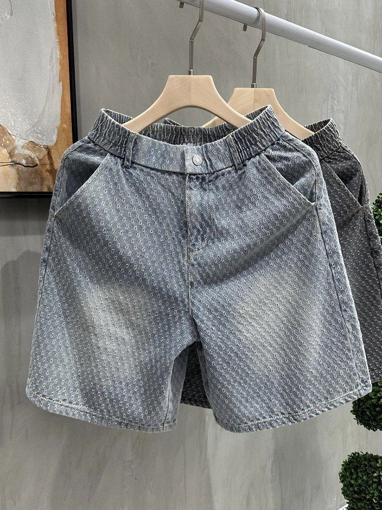 Men's Vintage Jacquard Denim Shorts Summer Loose Fit Straight Leg Above Knee Casual Bermuda Pants American Streetwear Style