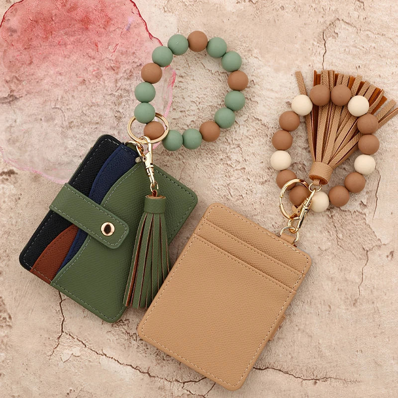 5pcs Card Holder PU Color Patchwork Multifunctional Short Hasp Wallet With Silicone Bead Bracelet Tassel