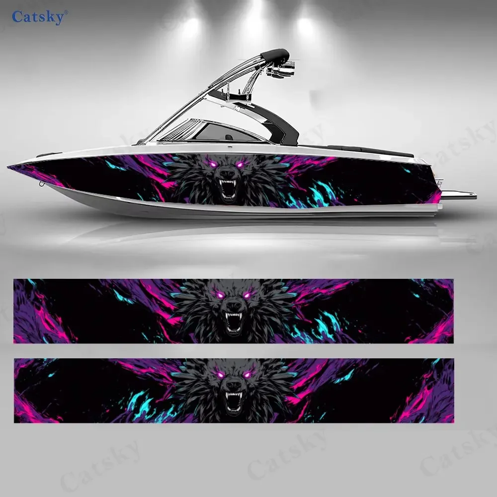 2Pcs Cyber Purple Eyes Wolf Boat Stickers, PVC Waterproof Durable Vinyl Wrap Decals for Fishing Boat, Durable and Stylish Design