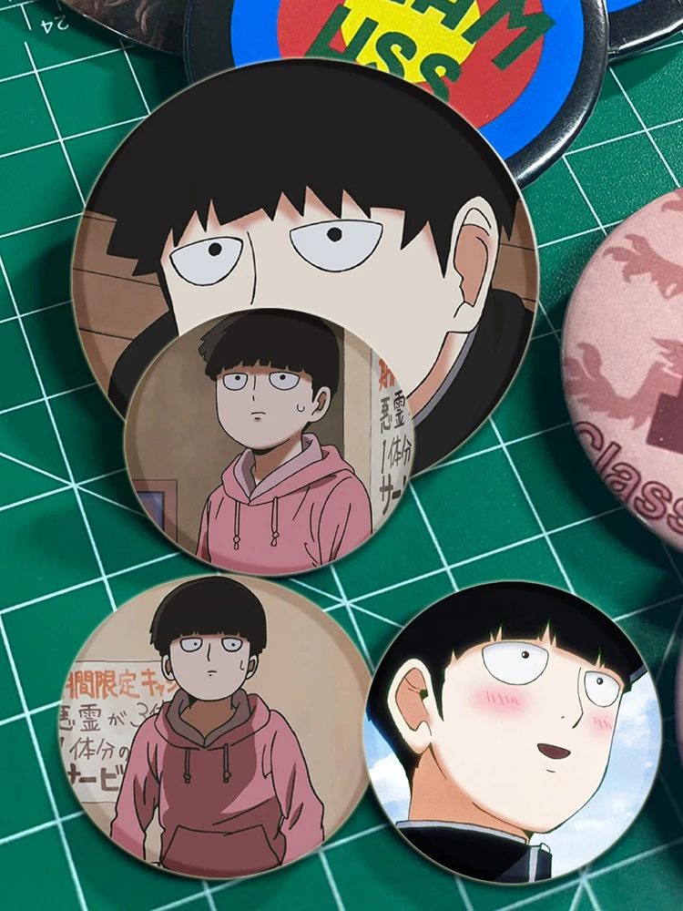 32/44/58MM Anime Cartoon Figures Kageyama Shigeo Brooch Badge Snap-in Button Pins on Backpack Jewelry Accessories Gifts