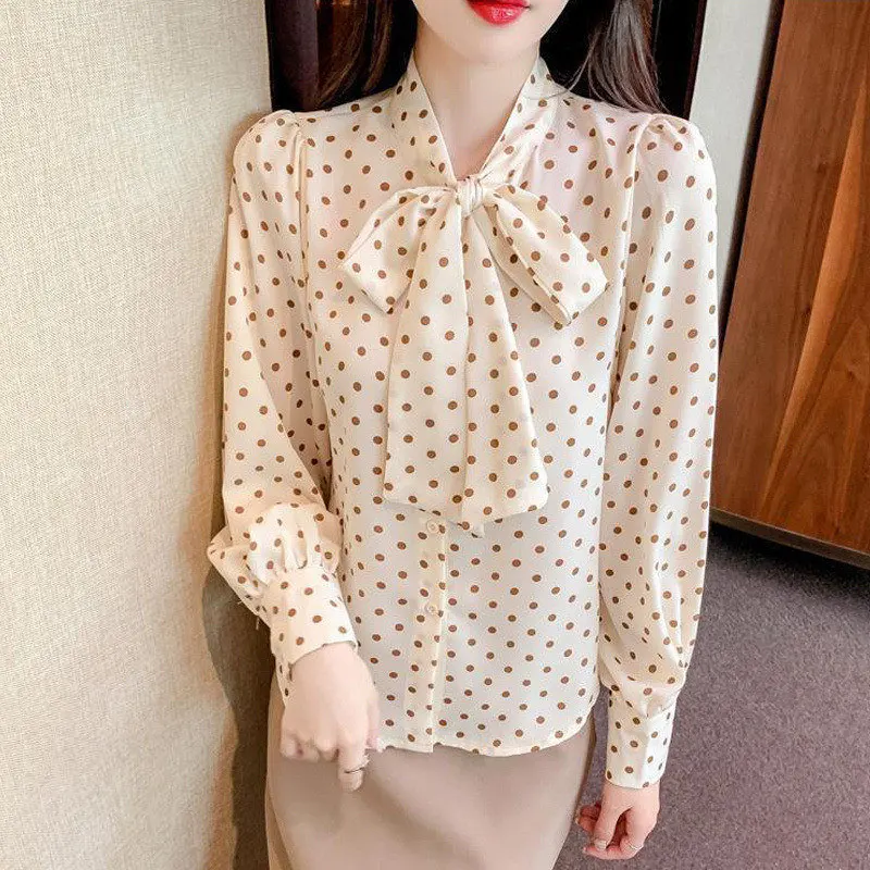 2022 New Autumn Korean Elegant Polka Dot Printed Bow Chiffon Shirt for Women Casual Long Sleeve Loose Office Lady Blouse Top 4XL