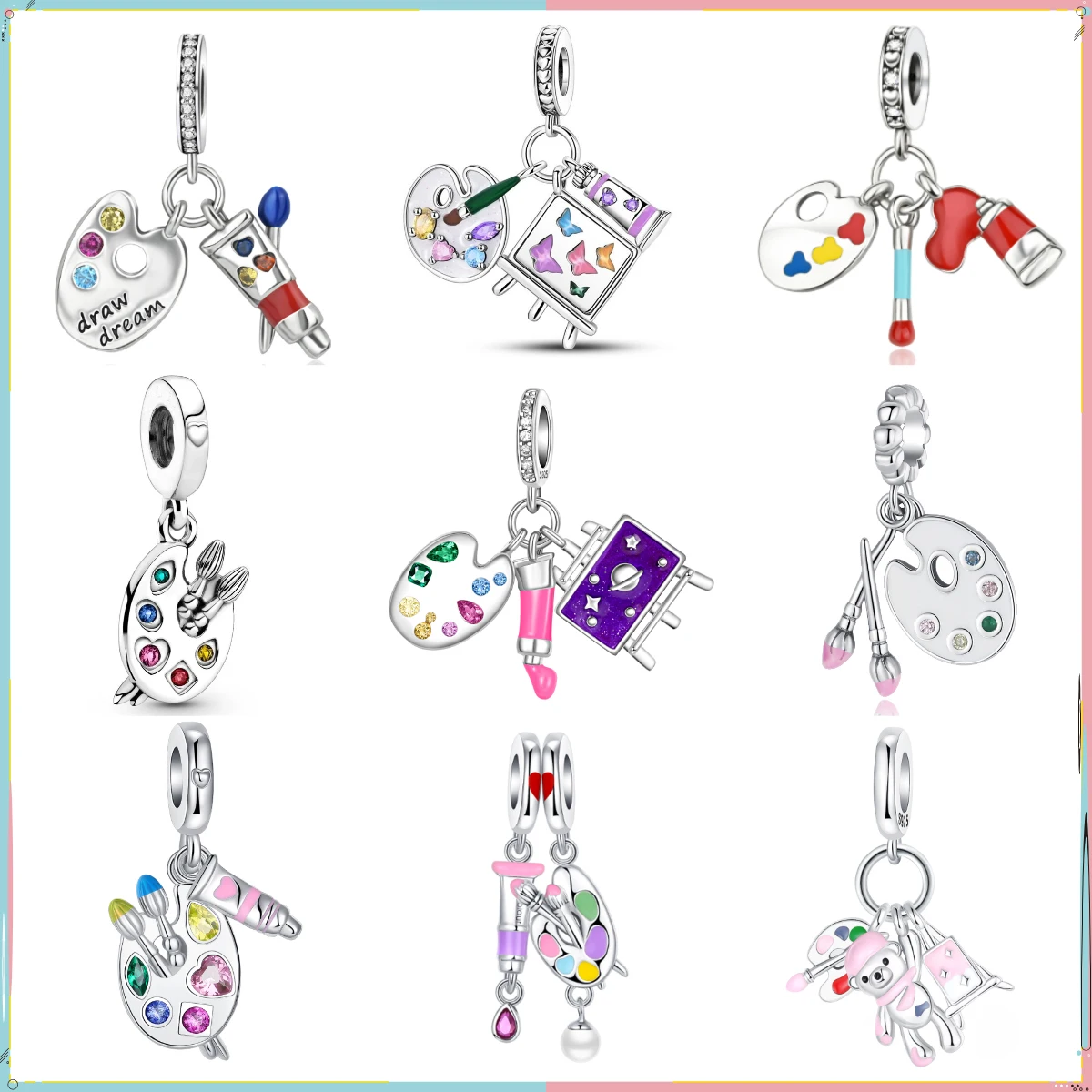 Dijes de pintura coloridos de Plata de Ley 925 originales, colgantes de cuentas de paleta artística, aptos para pulsera, collar, regalo de joyería DIY