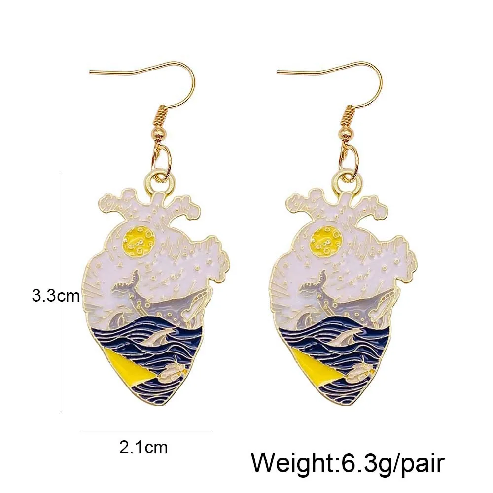 New Starry Night Sunflower Earrings Van Gogh Butterfly Ocean Pattern Dropping Oil Earring Jewelry for Women Gifts