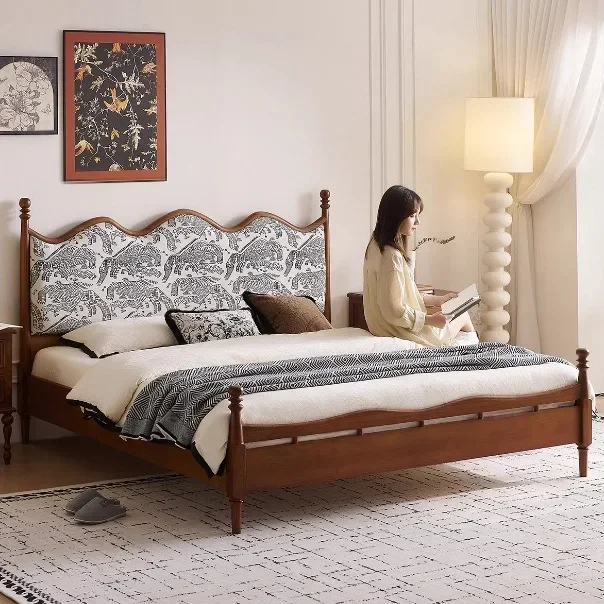French solid wood soft bag bed retro cream style 1.8m designer double bed bedroom furniture medium antique wedding bed