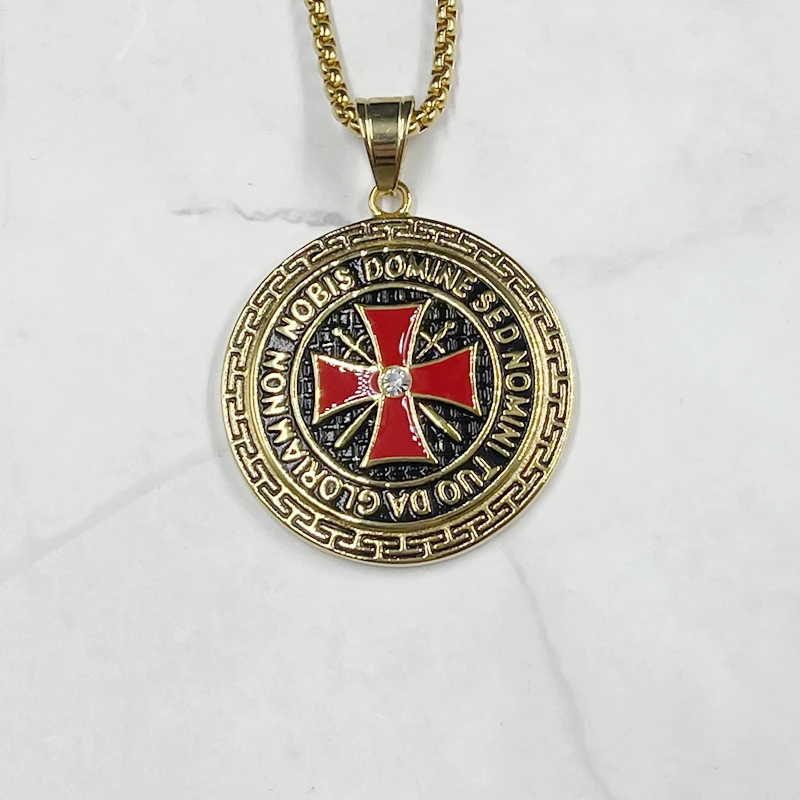 Hip hop Knights Templar Iron Cross Pendant Necklace Cubic Zirconia Stainless Steel Ordre du Temple for Male Men Rock Jewelry