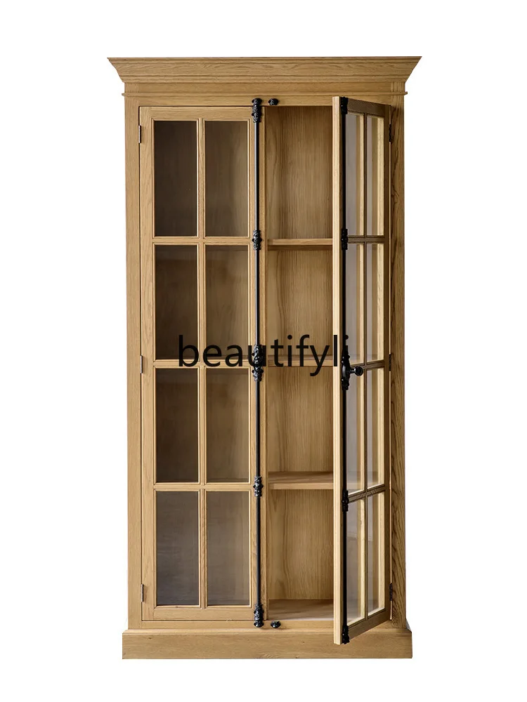 

American Country French Retro Style Solid Wood Furniture Locking Glass Oak Bookshelf