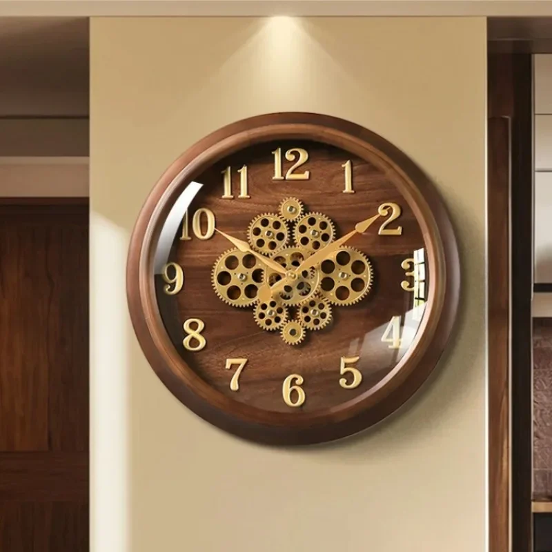 Premium Mechanical Wall Clock - American Vintage Design with Real Gears, Solid Wood Construction, Luxury Home Office Decor
