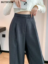 BGTEEVER Stylish High Waist Pockets Wide Leg Woolen Trousers Women Autumn Winter Loose Thicken Long Pants Female