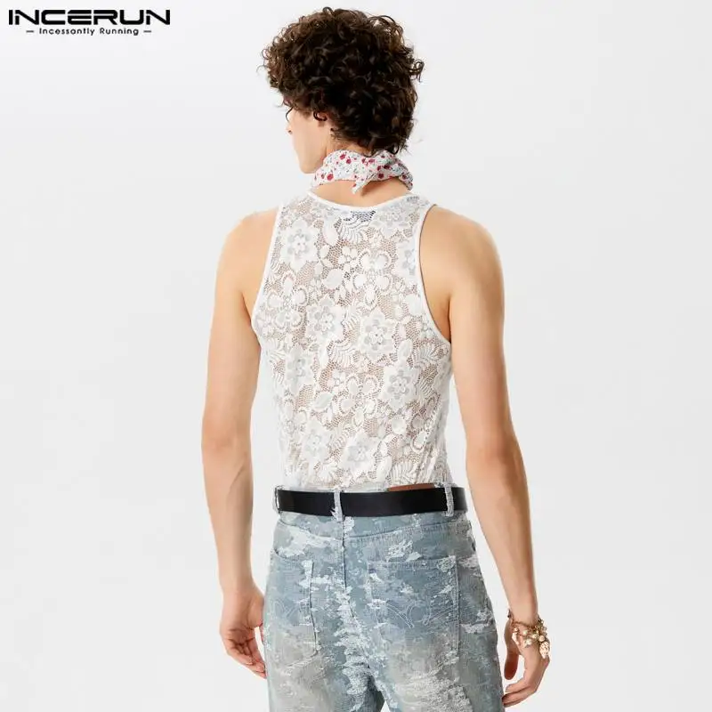 INCERUN Men\'s Tank Tops Lace O-neck Sleeveless Sexy Streetwear Male Vests Summer Transparent 2024 Fitness Fashion Men Clothing