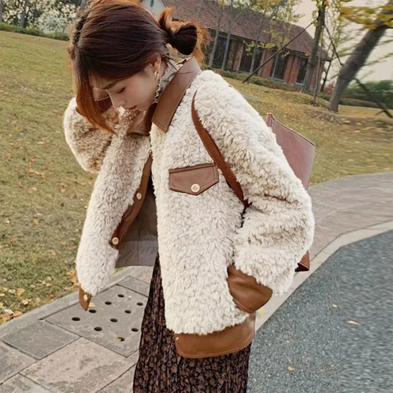 Cappotto di lana di agnello da donna con cuciture corte inverno nuova giacca ispessente in pelliccia sciolta femminile