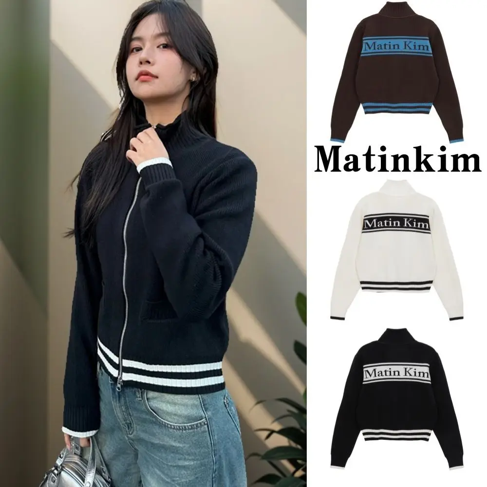 MATIN KIM Color‑Block Stand‑Collar Zip‑Up Cropped Knit Jacket, Back Letter Logo Preppy Style Autumn Winter Sweater Coat Unisex