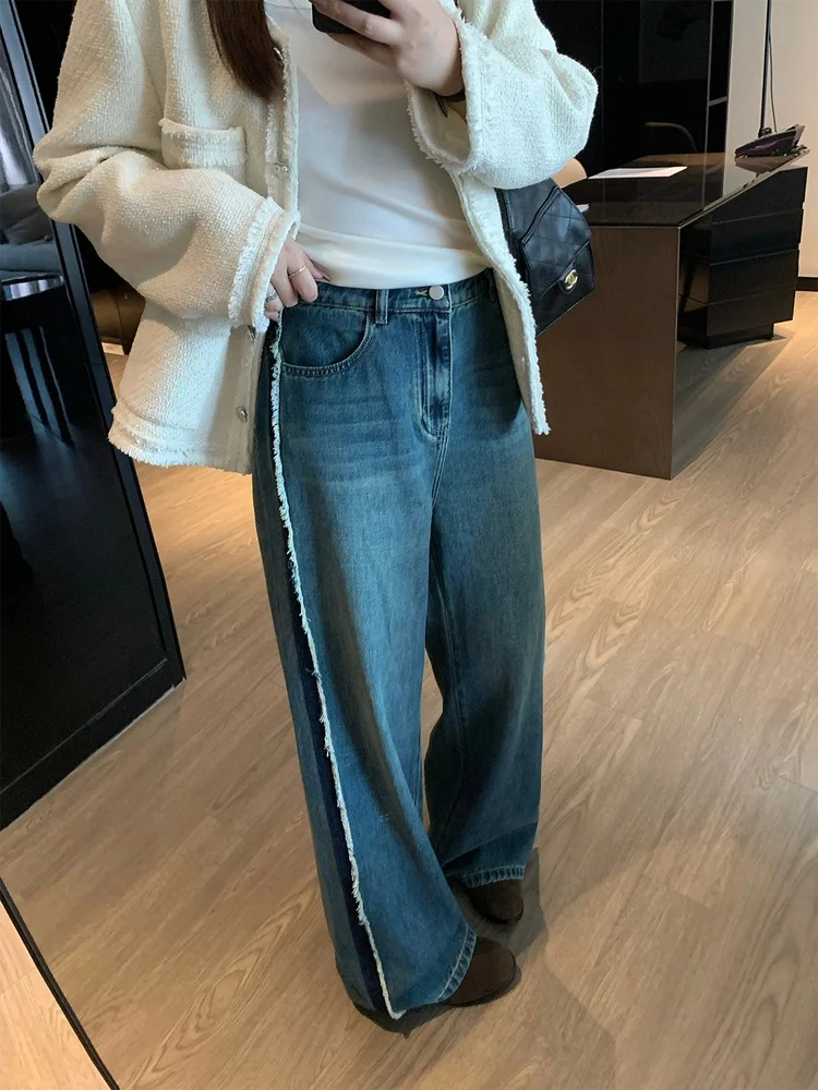 

High Waist Straight Leg Jeans Women's plus Size Washed Retro Versatile plus Size Sister Water Washed High Waist Straight Tube...