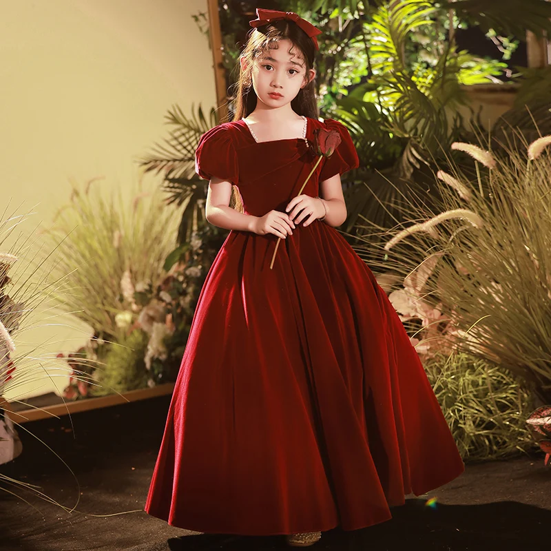 YZYmanualroom 여자 고급 레드 플란넬 주니어 신부 들러리 드레스 미인 대회 드레스 꽃 소녀 드레스/맞춤 제작 가능