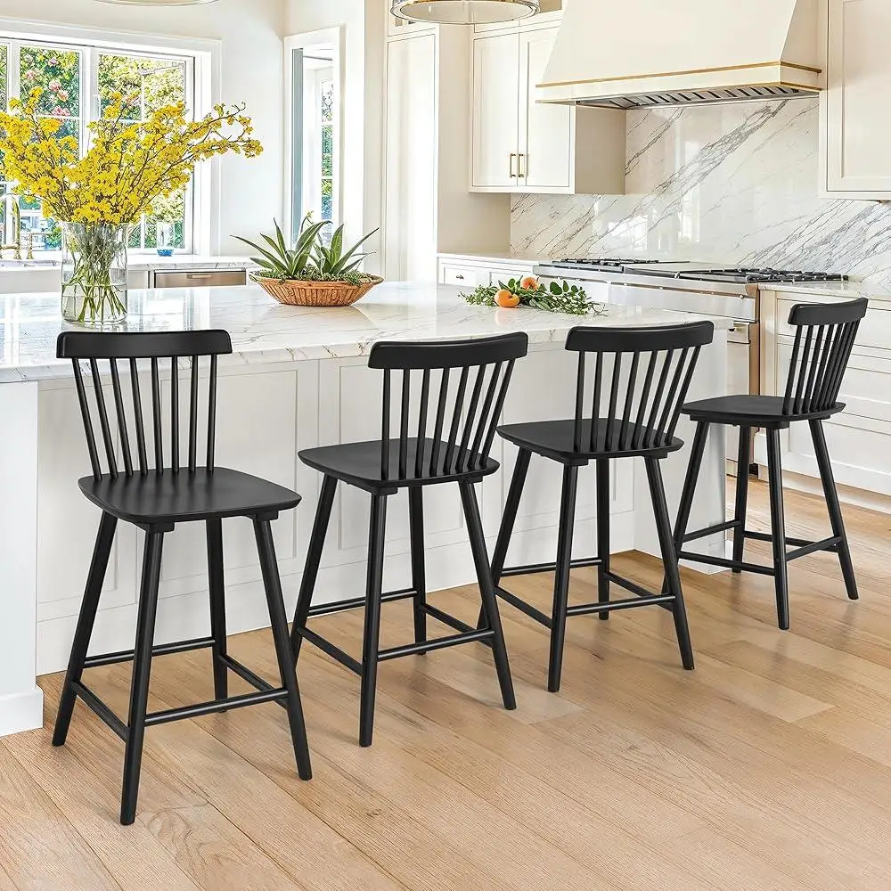 4 Pieces Windsor Wooden Bar Stools Set 24 Inch Counter Height with Comfortable Seating Contoured Backrest Kitchen