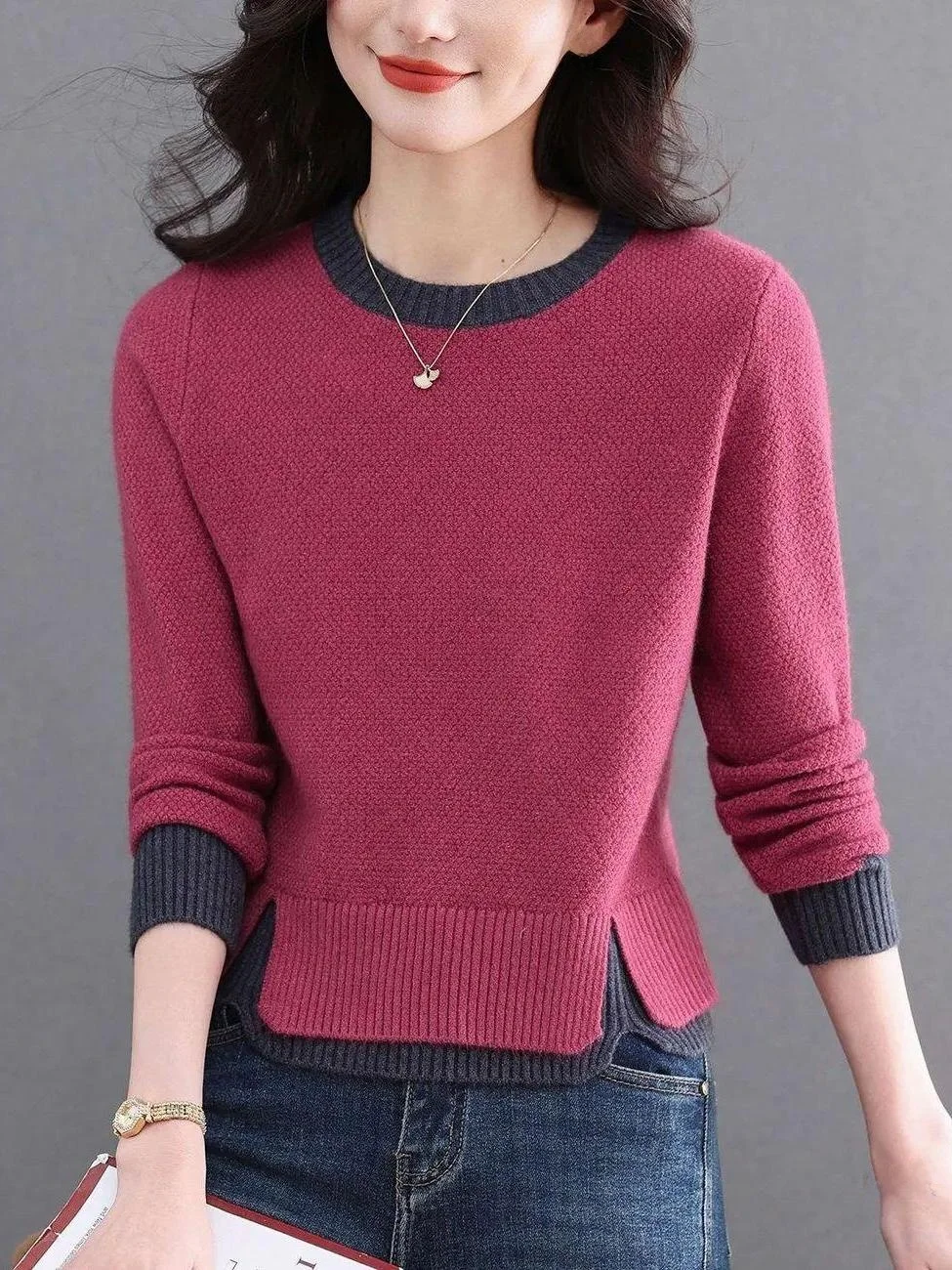 Color Block Knitwear Short Style Women Base Layer Top Small Size Open Slit Design Sensation Sweater Spring Autumn New Arrival