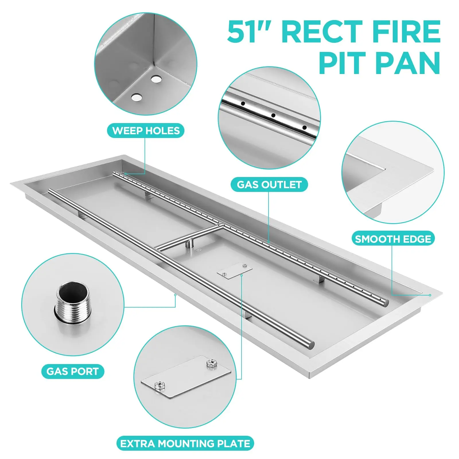 สี่เหลี่ยมผืนผ้า 48 นิ้ว Fire Pit H-Burner Pan, 304 Series SS DIY โพรเพนและแก๊ส Firepit สําหรับ Patio, BTU 185,000 Max