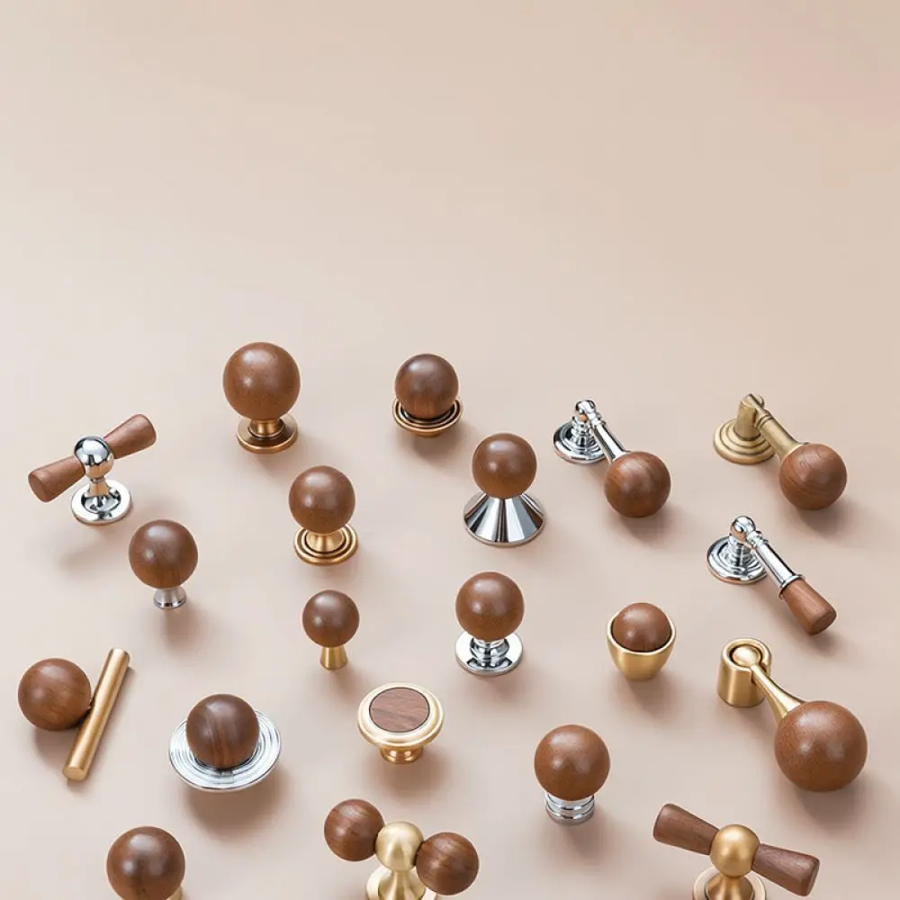 High End Walnut Wood Brass Cabinet Knobs Minimalist Pendant Drawer Pulls Modern Furniture Hardware For Wardrobe Doors