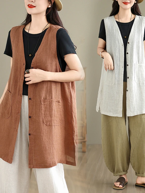 Faionable Cotton Linen Vest Women's Mid-Length Single-Button V-Ne Summer New Sle Age-Defng Versatile Top