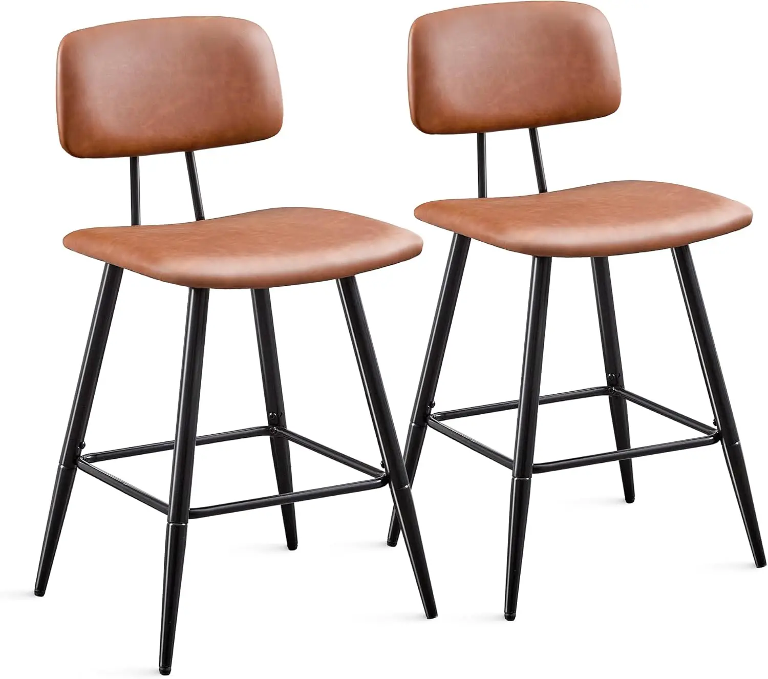 

24In Bar Stools Set Of 2, Modern Counter Height Barstool With Backs, Metal Footrest And Legs, Faux Leather Upholstered Bastools