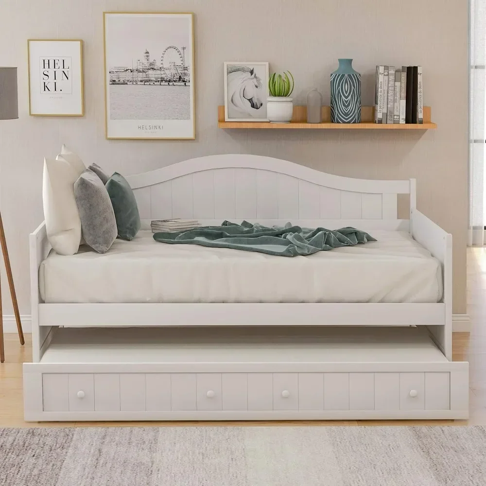 

Wood Daybed Twin with Trundle, Twin Size Daybed Frame Sofa Bed with Trundle/Twin Bed Frame, No Box Spring Needed