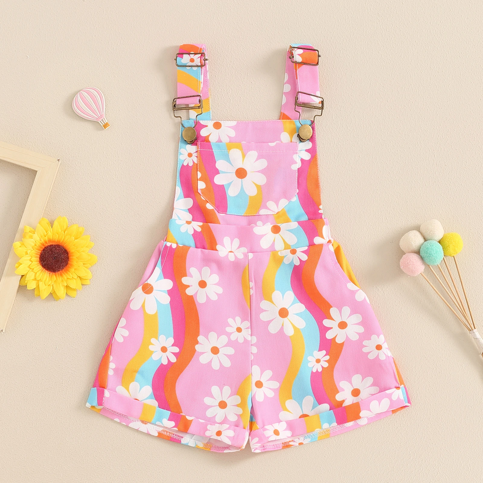 BeQeuewll Fashion Toddler Girls Overalls Cute Daisy Print Sleeveless Straps Buttons Pockets Shortall Romper Summer Kids Jumpsuit