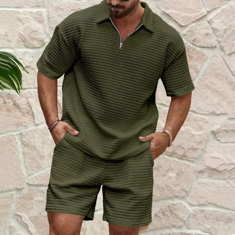 Summer Casual Trend Men\'sPolo shirt+shorts Fashion Comfort Waffle Solid Color Turtleneck Tracksuit Short Sleeved T-shirt Set