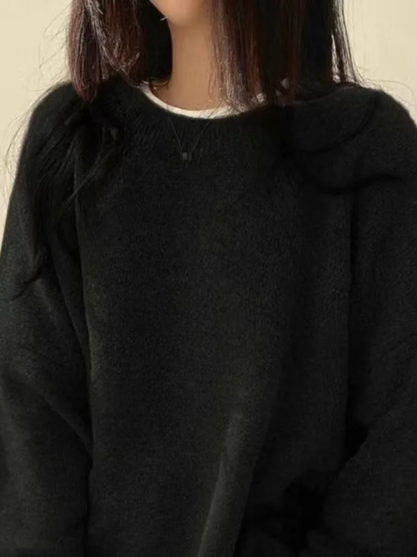 Red Knit Loose Long Sleeve Sweater Women Fashion Korean Style Slit Overhead Top Autumn All Match Casual Wear