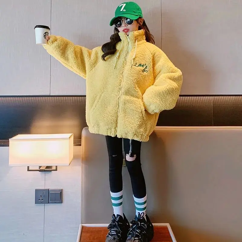 معطف سميك مخملي للخريف والشتاء للأطفال، معطف صوف خروف أصفر شتوي جديد للأطفال، سترة صوف كبيرة للأطفال