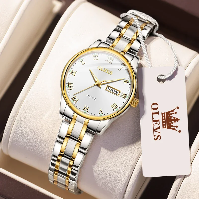 

OLEVS Fashion Quartz Watch for Women Stainless Steel Dual Calendar Dial Waterproof Luminous Casual Elegant Ladies Wristwatches