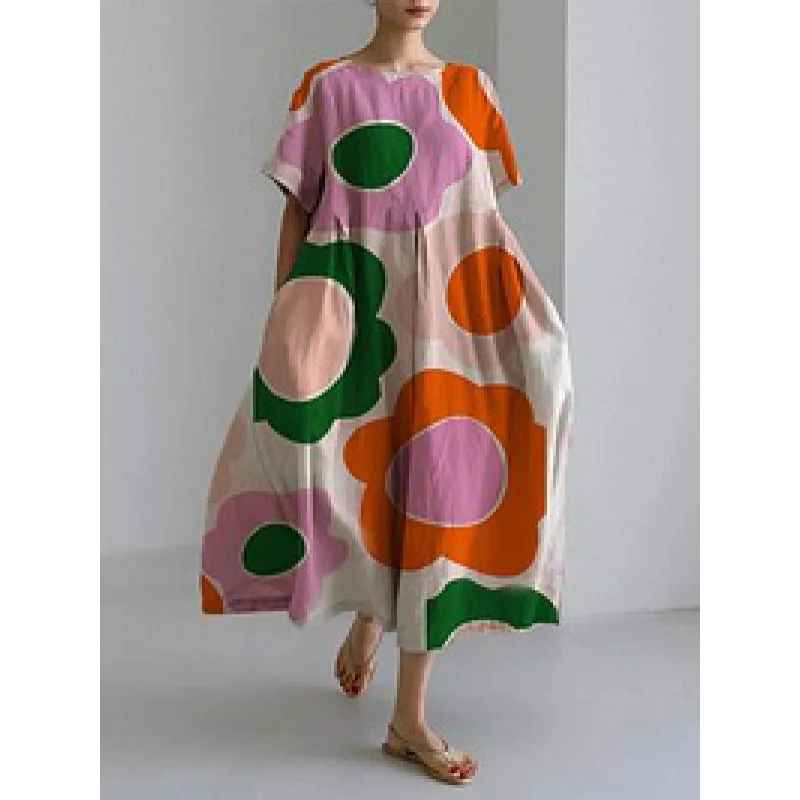 Fashion Lady Short Sleeve Big Swing Loose Maxi Dress Retro Women Flower Printing Pocket Dress O Neck Party Dressess Elegant Robe
