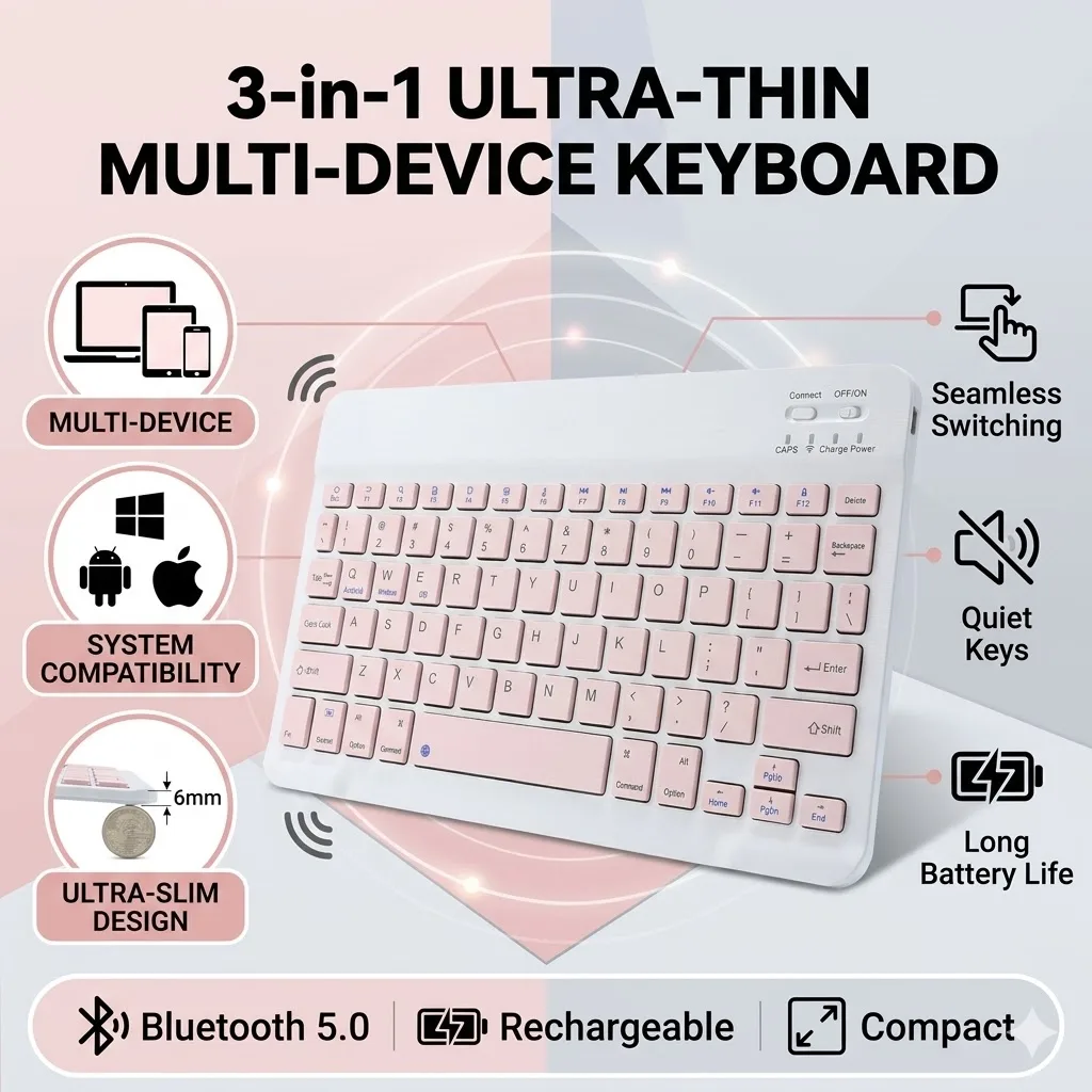 Ultra-Thin Wireless Keyboard Portable Wireless Keyboard Suitable for Apple iPad iPhone Samsung iOS Android Windows 10-inch