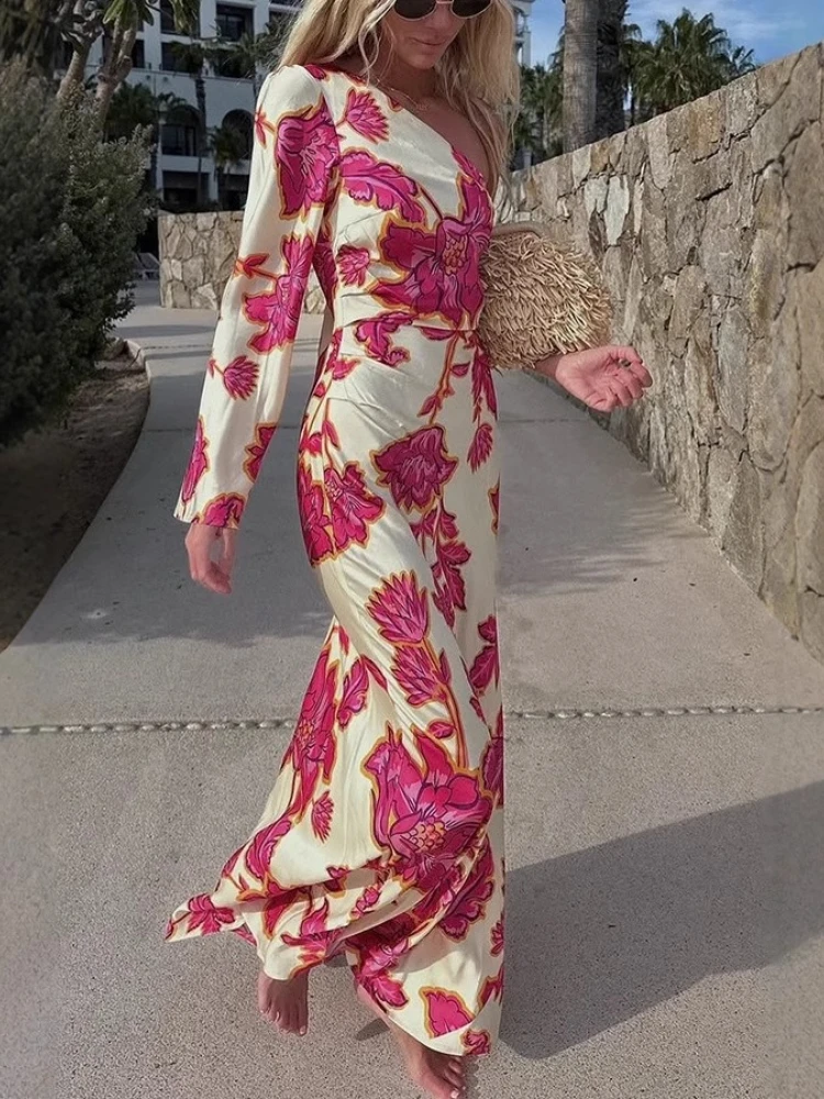 2025 الصيف موضة جديدة البوهيمي أنيقة مثير مائل الكتف التخسيس مطبوعة عطلة حفلة فستان طويل من الساتان #5