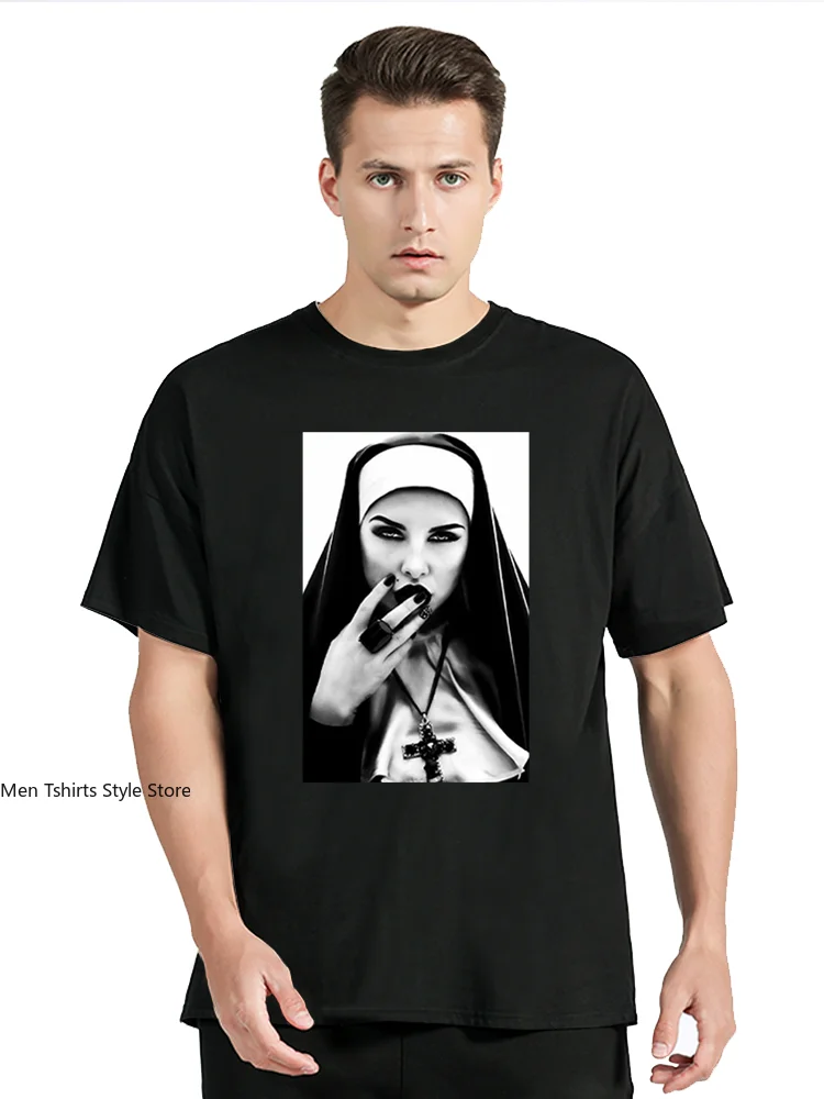 Satanic Nun Tattoos Unholy T-shirt Sexy Nun Men T Shirt Summer Comfort Funny Tees Creativity Novelty Oversized Men Clothing