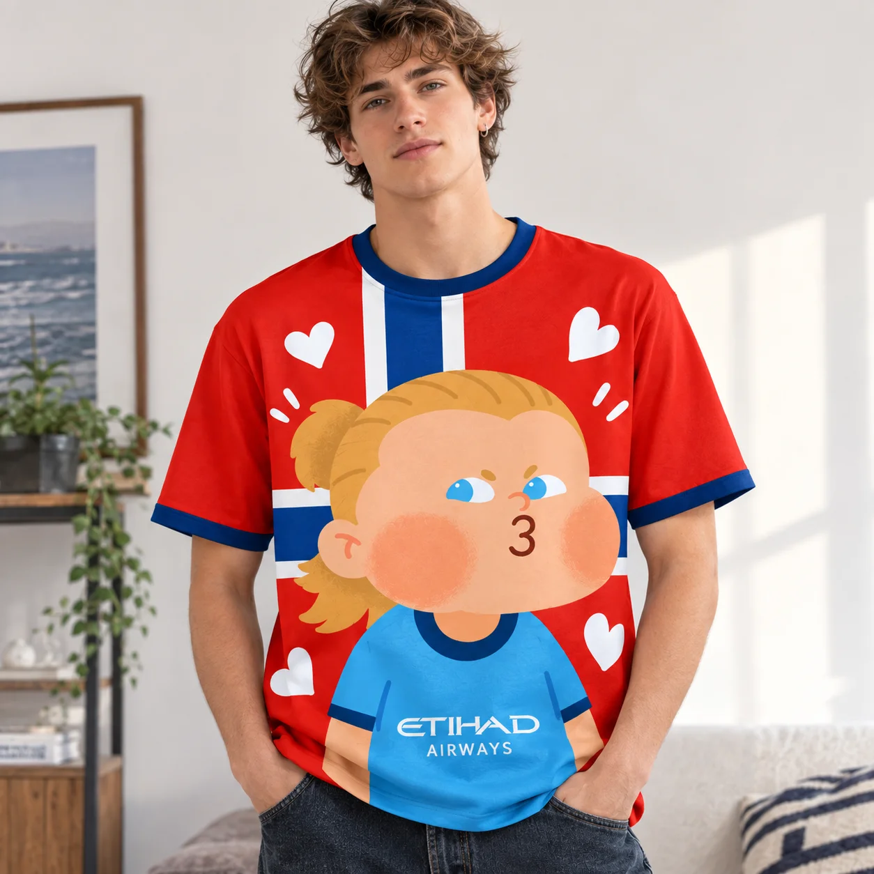Men Unisex Cartoon Haaland Graphic T‑Shirt, Norway Flag Heart Element Crew Neck Short Sleeve Tee, Casual Streetwear Loose Fit Da