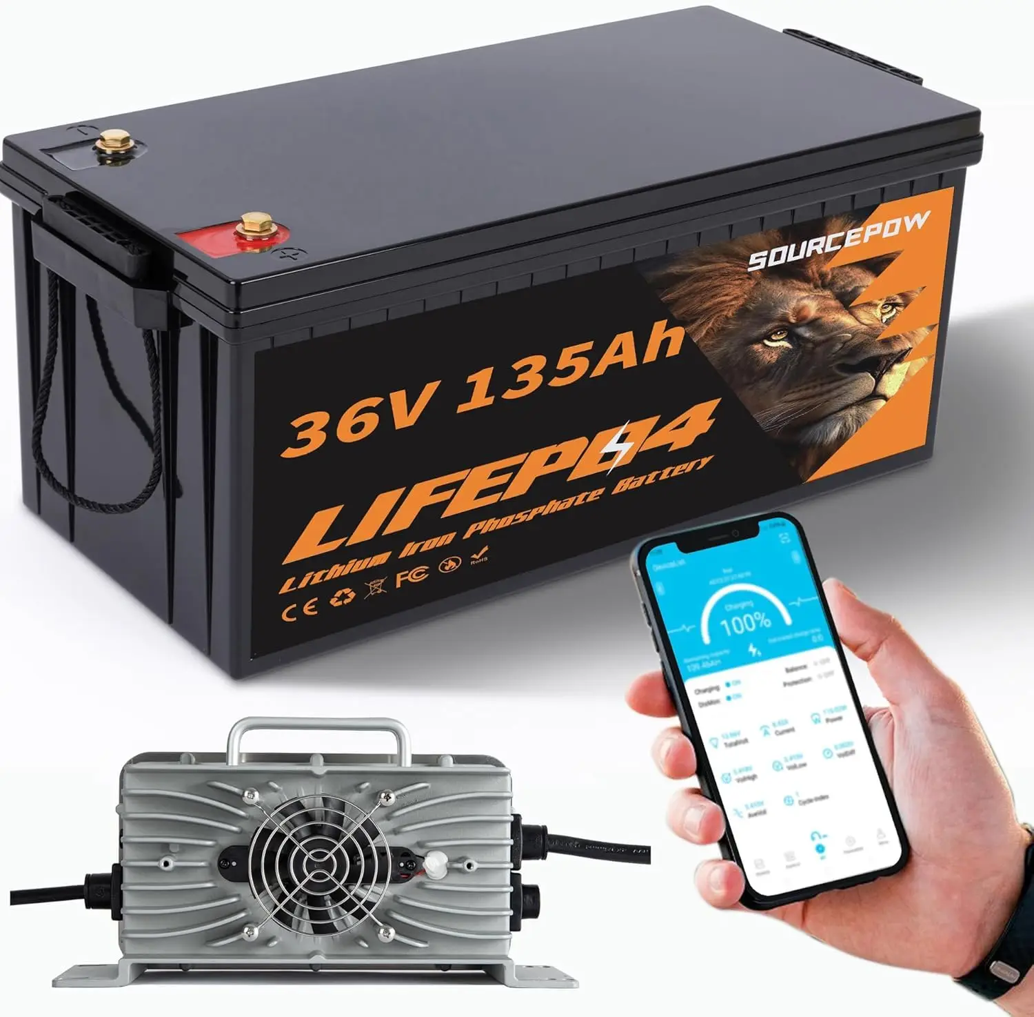 

36V 135Ah Lithium Golf Cart Battery, 36 Volt 135Ah LiFePO4 Battery, Built-in Bluetooth 200A BMS, Includes 25 ampere, Custom