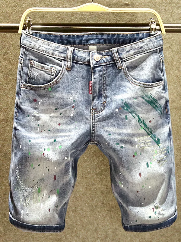 

Модные рваные джинсы с швейным дизайном, мужские джинсы со средней талией, пять деталей, молодежные летние модные прямые ноги, микро-эластичные джинсовые орты