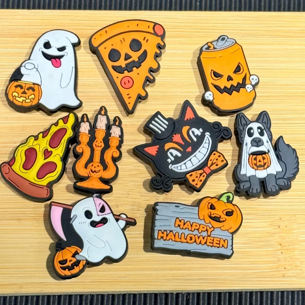 1-9pcs Cartoon Ghost Pizza Cat Dog Pumpkin PVC Shoe Charms Sandals Shoes Decoration Accessories For Clogs Pins Halloween Gift