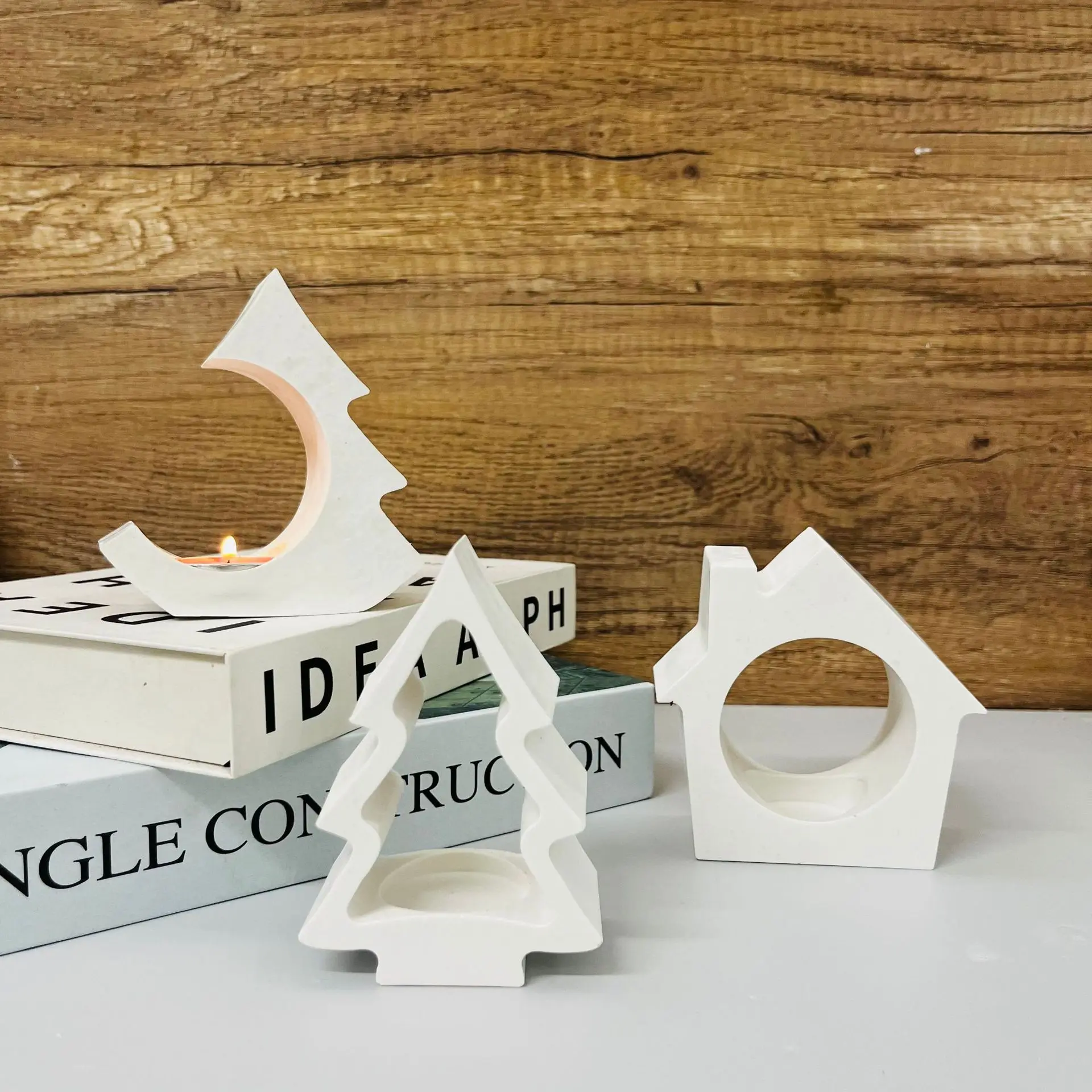 Hollow Christmas Chimney House Tealight Silicone Mold Tree House Candlestick Plaster Drop Glue Mold Christmas Decoration Gift