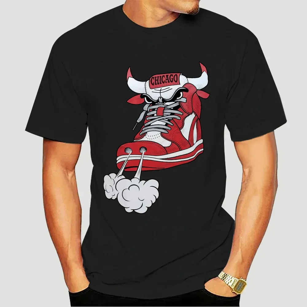 New Men Chicago Shoe Bull Red White Hip Hop Longline T-Shirt Black Humorous Tees T Shirt