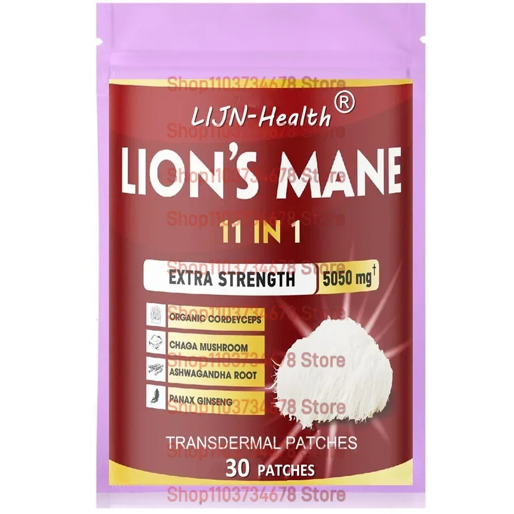 30 Patches11 in 1 Lions Mane Mushroom Transdermal Patches with Cordeyceps, Reishi, Ashwagandha Focus Memory Brain Support