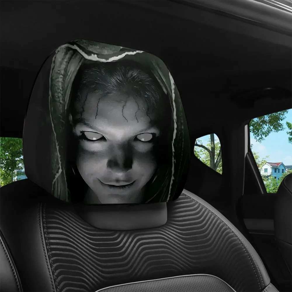 2Pcs White-Eyed Grinning Scary Ghost Lady Car Headrest Covers, Halloween Themed 2D Print, Soft High-Elastic, Universal