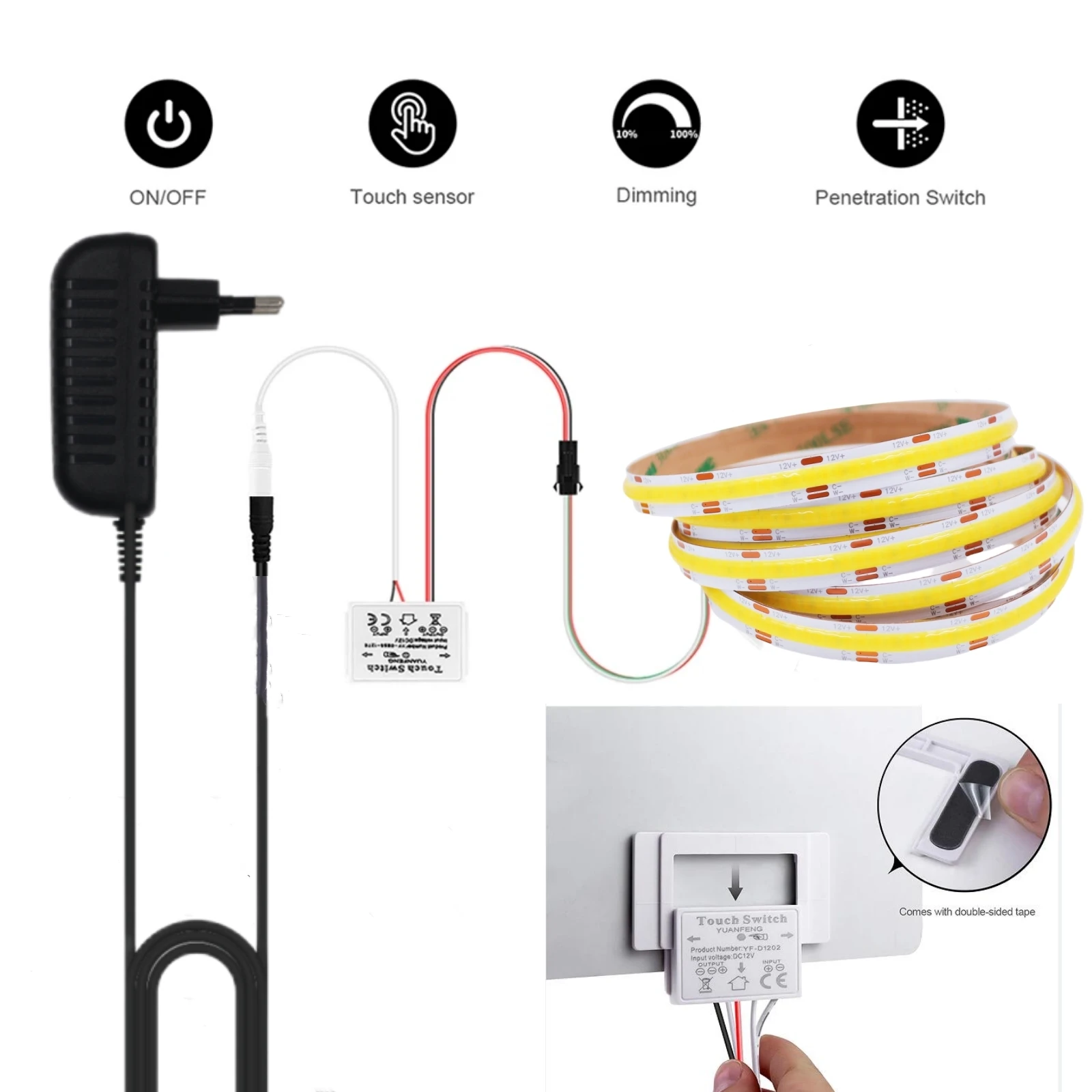 DC12V 24V CCT COB LED Strip With Touch RF Remote Control 2700K to 6500K Changeable Linear Tape 608 LEDs/m Flexible COB LED Tape