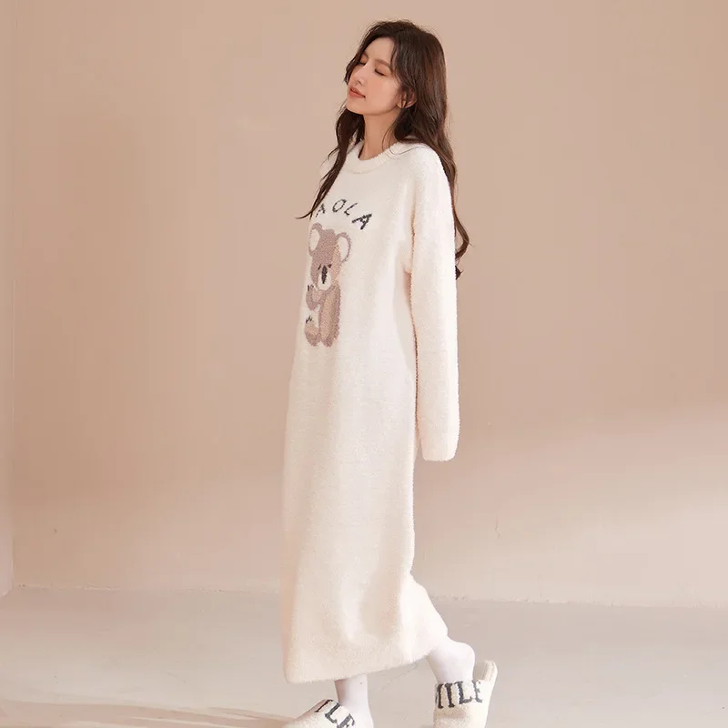 Autumn Winter Thicken Warm Soft Long Sleepwear Dress Women Homewear Long Sleeved Cute Cartoon Padded Nightgown Pyjamas Bath Robe