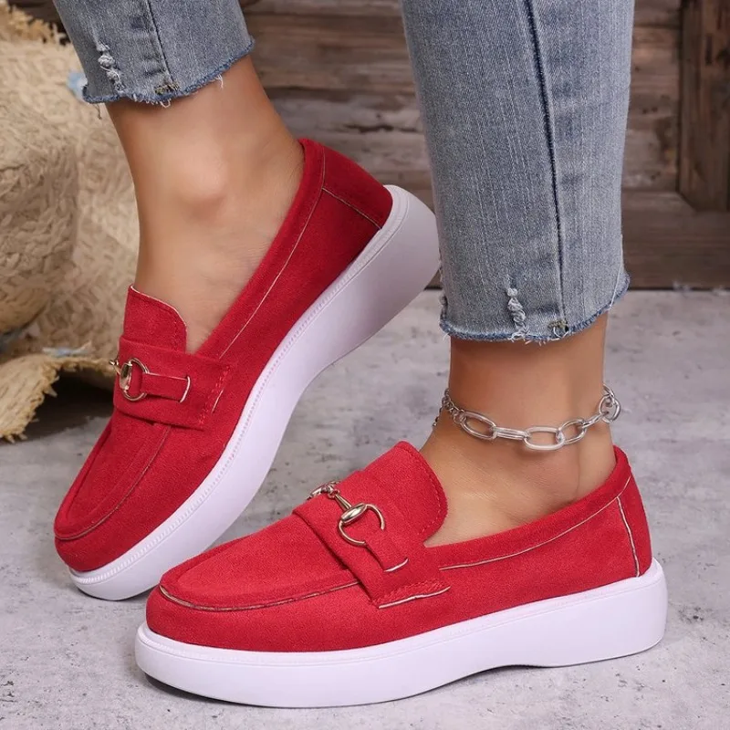 Large Size Thick Heel Slip-On Loafers Women's Retro round Toe Casual Slope Heel Bean Bean Shoes Comfortable Breathable Rubber