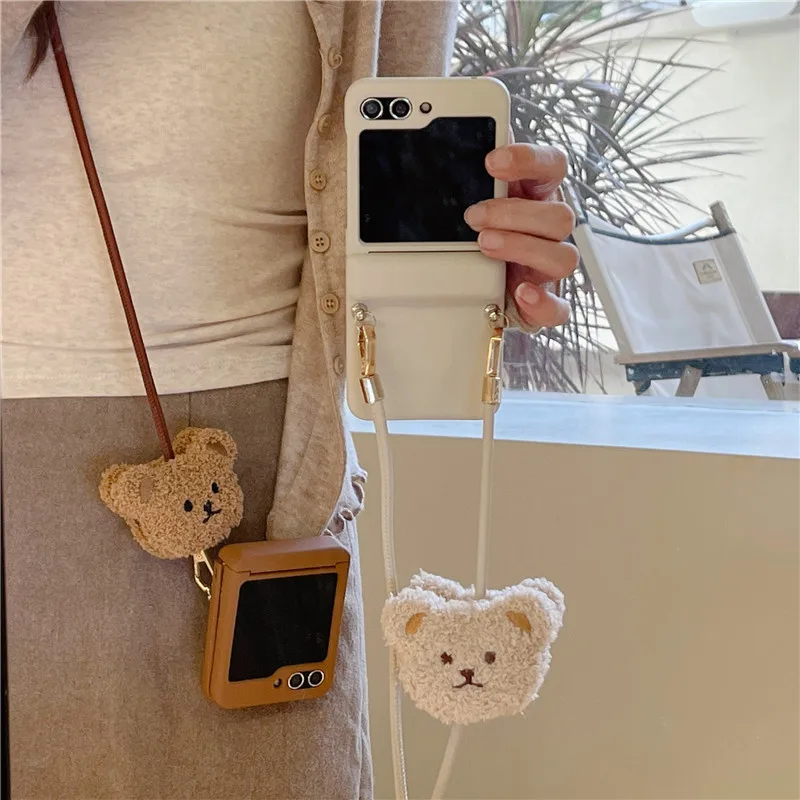 3D Cartoon Plush Bear Crossbody Lanyard Phone Cases For Samsung Galaxy Z Flip 3 4 5 6 Insert Cards Matte Shockproof Back Cover