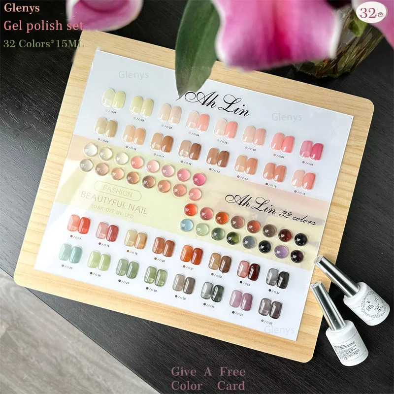 

Glenys 32 color nail polish glue popular semi permanent immersion gel color matching card nail salon art varnish set