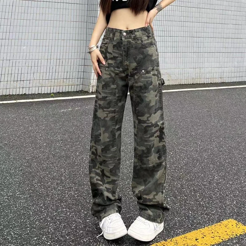 

2023 Autumer Winter Baggy Vintage Camouflage Green Women Cargo Pants High Wist Straight Casual Bottoms Denim Trousers Streetwear