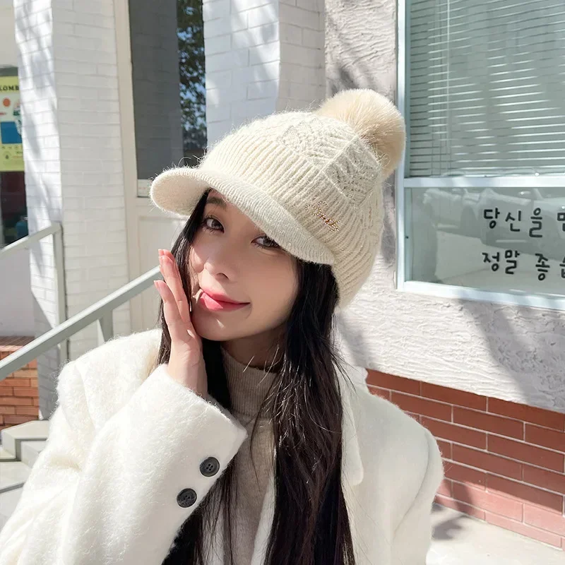 Winter Women Knitted Flat Tongue Hat Autumn Winter Warm Rabbit Hair Letter Warm Baseball Hat Ear Protection Neck Waiver Wool Hat