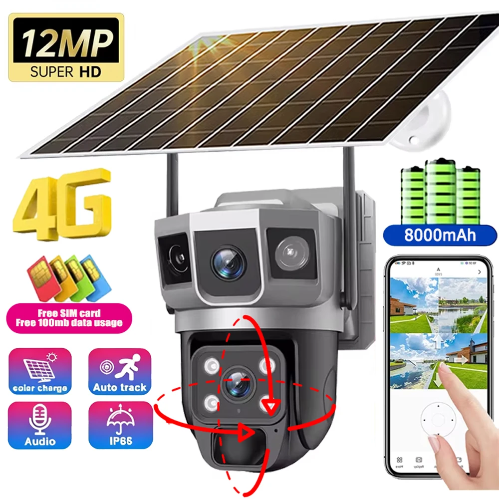 

6K 12МП Солнечная камера с 4G SIM-картой, двумя объективами, тремя экранами, PTZ, встроенным аккумулятором, цветным ночным видением и видеонаблюдением