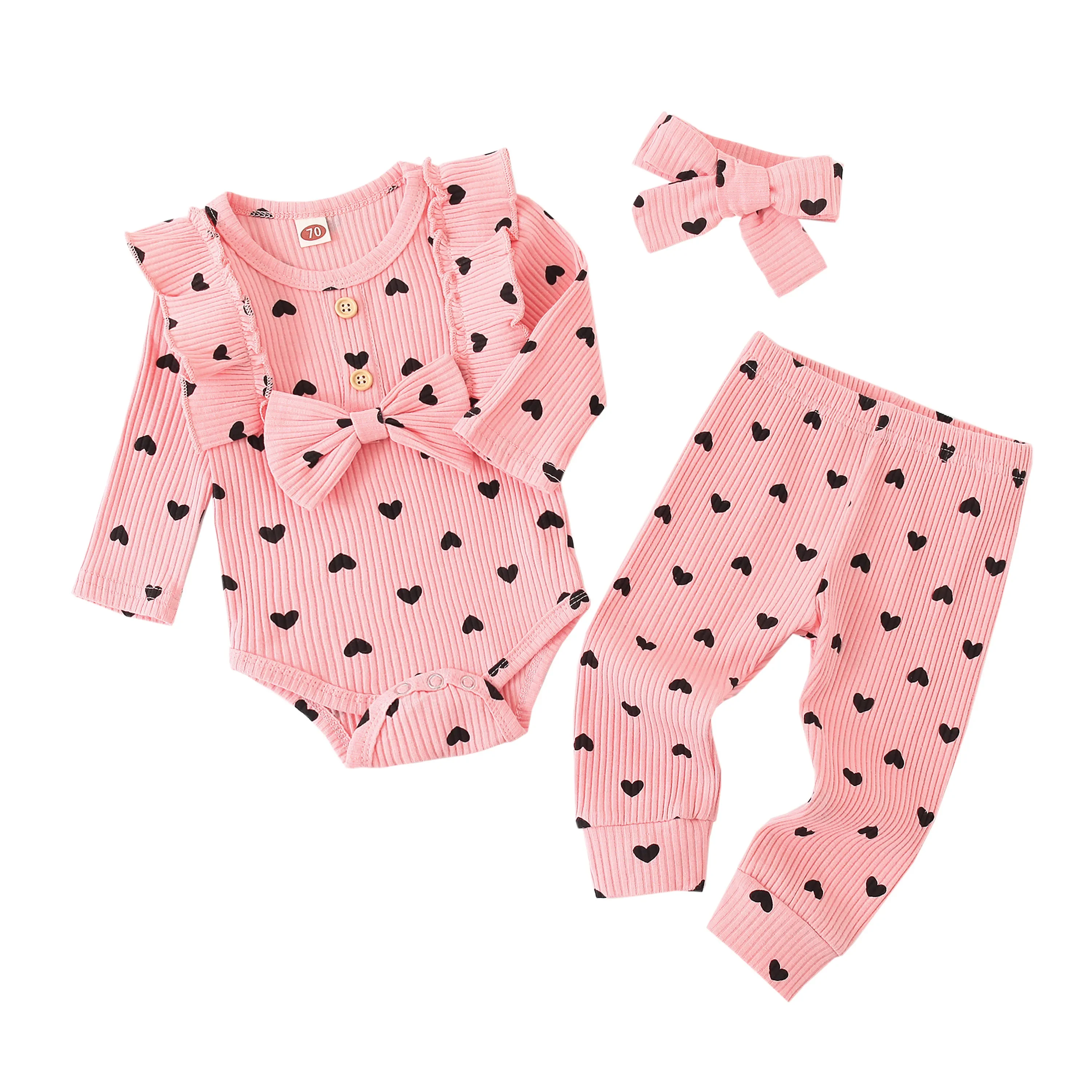 Newborn Baby Girl Clothes Set Ruffle Long Sleeve Bow Romper  + Pants + Headband Infant Toddler Baby Girl Clothing Outfits